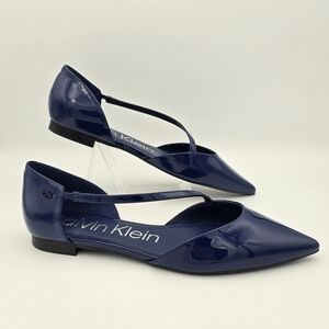 Calvin Klein Women's Sannie Pointy Toe Dress Flats, Blue Patent Leather, Sz 9.5M